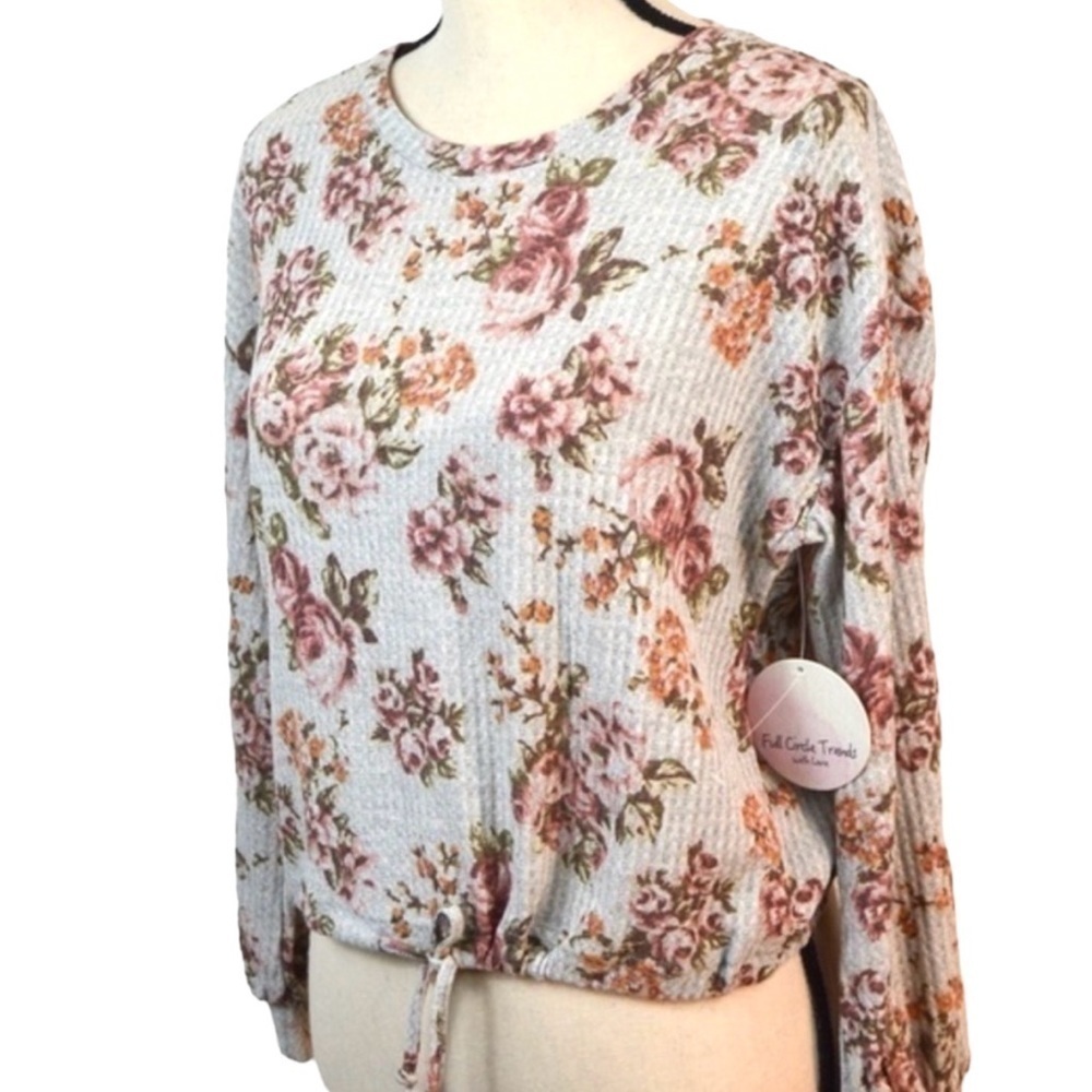 Full Circle Trends Waffle Gauze Knit Loose Fit Tie Waist Popover Top Medium NEW